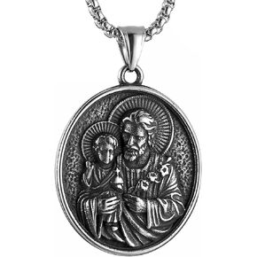 HZMAN Double Sided Stainless Steel St Joseph Necklace for Men Women Religious Saint Joseph Cross Christian Medal Amulet Pendant Jewelry Gift