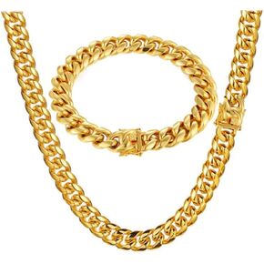 putouzip Miami Cuban Link Chain Set For Men 18K Gold Plated Stainless Steel 8mm Bracelet Necklace Diamond Chains