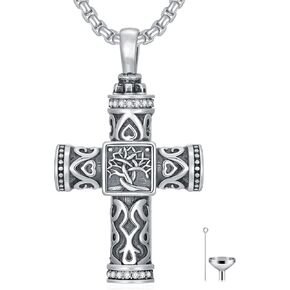 Cross Tree of Life Urn Necklace for Ashes, S925 Sterling Silver Cross Urn Pendant Necklace for Men Women, Cremation Memorial Keepsake Jewelry Locket Necklaces for Animal Human Ashes, 20"+2"