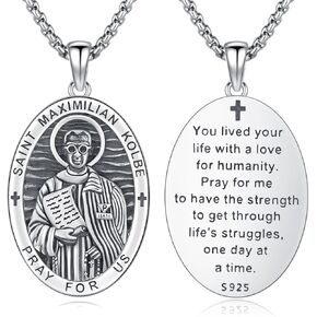 Saint Maximilian Kolbe Necklace 925 Sterling Silver St Maximilian Kolbe Medal Pendant,Religious Catholic St Maximilian Kolbe Protection Necklace Jewelry for Men with 22 in Chain