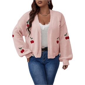 MakeMeChic Women's Plus Size Embroidery Cardigan Open Front Lantern Sleeve Cardigan Sweater Drop Shoulder Crop Cute Outerwear