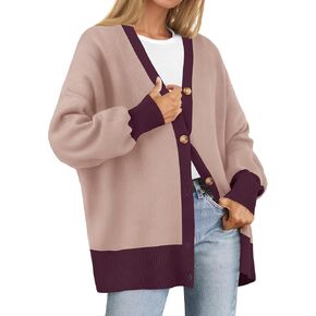 ZESICA Women's Casual Loose Knitted Cardigan Long Sleeve Open Front Contrast Color Button Down Oversized Sweater Coats