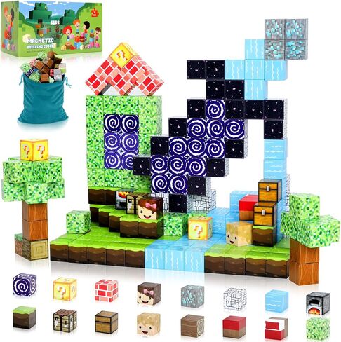 102PCS Magnetic Blocks World Set for Kids - Pixel Magnet Building Blocks Toys for Kids Age 3+, Miner Forest Education Sensory Games - Birthday Gift for Boys Girls in Saudi Arabia