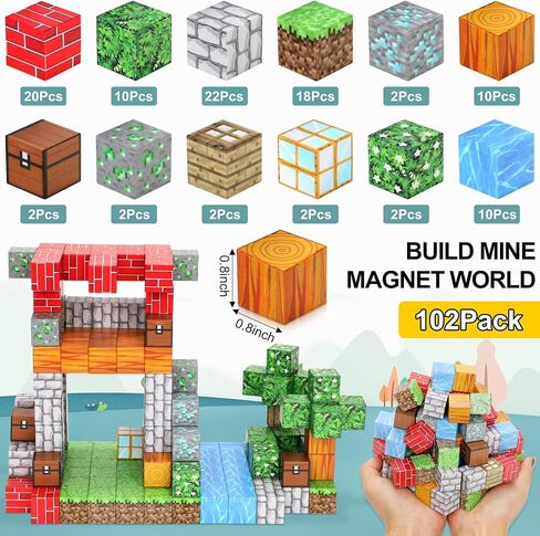 102PCS Magnetic Blocks World Set for Kids - Pixel Magnet Building Blocks Toys for Kids Age 3+, Miner Forest Education Sensory Games - Birthday Gift for Boys Girls in Saudi Arabia