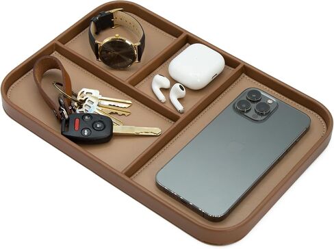 MUUJEE Leather Catchall Multitray (Design 1) - 11.65 x 7.75 x 0.8, Everyday Watch and Wallet Caddy Organizer with 4 Compartments, Accessory Glasses Phone Valet Dump Tray for Bedside Nightstand, Tan in Saudi Arabia