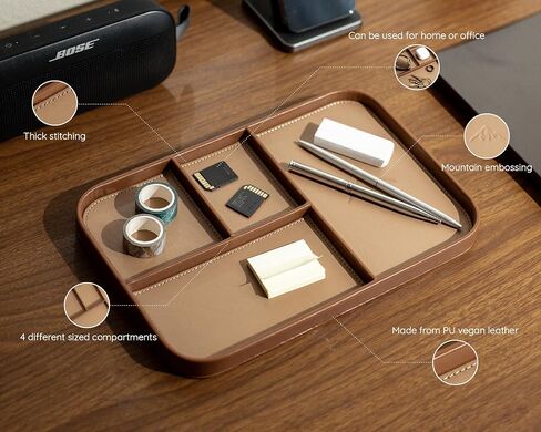 MUUJEE Leather Catchall Multitray (Design 1) - 11.65 x 7.75 x 0.8, Everyday Watch and Wallet Caddy Organizer with 4 Compartments, Accessory Glasses Phone Valet Dump Tray for Bedside Nightstand, Tan in Saudi Arabia