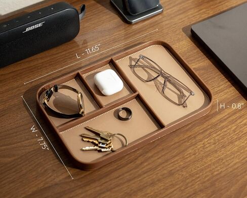 MUUJEE Leather Catchall Multitray (Design 1) - 11.65 x 7.75 x 0.8, Everyday Watch and Wallet Caddy Organizer with 4 Compartments, Accessory Glasses Phone Valet Dump Tray for Bedside Nightstand, Tan in Saudi Arabia