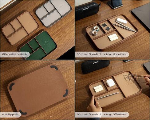 MUUJEE Leather Catchall Multitray (Design 1) - 11.65 x 7.75 x 0.8, Everyday Watch and Wallet Caddy Organizer with 4 Compartments, Accessory Glasses Phone Valet Dump Tray for Bedside Nightstand, Tan in Saudi Arabia