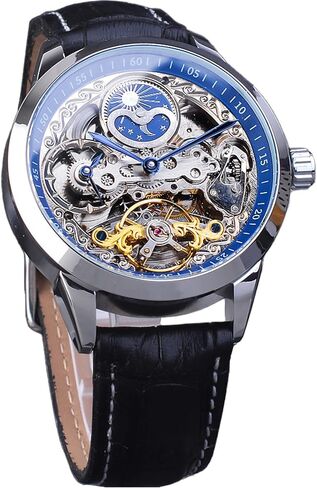FORSINING Men's Skeleton Moon Phase Watch Mechanical Self-Wind Tourbillon Dual Time Zone Watches Automatic Luxury Leather Strap Large Dial Wristwatch in Kuwait