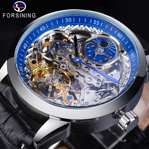FORSINING Men's Skeleton Moon Phase Watch Mechanical Self-Wind Tourbillon Dual Time Zone Watches Automatic Luxury Leather Strap Large Dial Wristwatch in Kuwait
