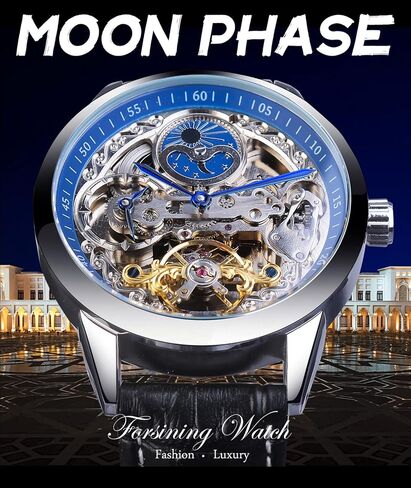 FORSINING Men's Skeleton Moon Phase Watch Mechanical Self-Wind Tourbillon Dual Time Zone Watches Automatic Luxury Leather Strap Large Dial Wristwatch in Kuwait