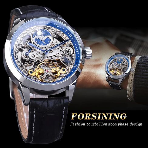FORSINING Men's Skeleton Moon Phase Watch Mechanical Self-Wind Tourbillon Dual Time Zone Watches Automatic Luxury Leather Strap Large Dial Wristwatch in Kuwait