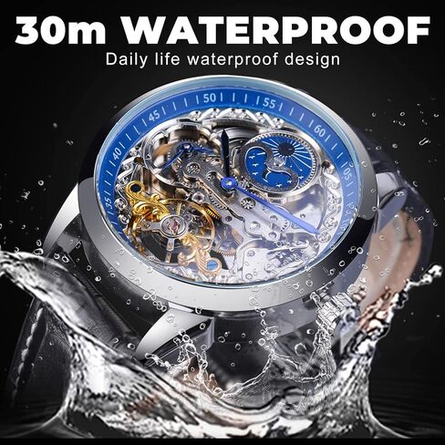 FORSINING Men's Skeleton Moon Phase Watch Mechanical Self-Wind Tourbillon Dual Time Zone Watches Automatic Luxury Leather Strap Large Dial Wristwatch in Kuwait