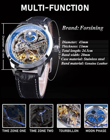 FORSINING Men's Skeleton Moon Phase Watch Mechanical Self-Wind Tourbillon Dual Time Zone Watches Automatic Luxury Leather Strap Large Dial Wristwatch in Kuwait