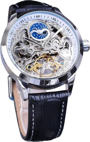 FORSINING Men's Skeleton Moon Phase Watch Mechanical Self-Wind Tourbillon Dual Time Zone Watches Automatic Luxury Leather Strap Large Dial Wristwatch in Kuwait