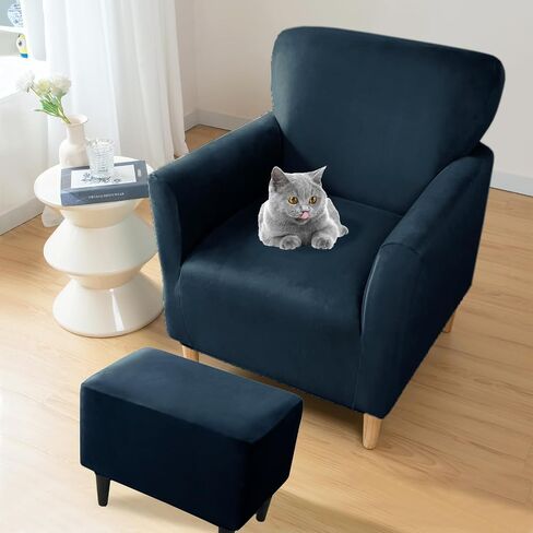 UNBBRRL Chair and Ottoman Slipcover Set, Stretch Velvet Chair and Ottoman Cover, Banquet Armchair Covers for Living Room (Sapphire,Chair+ Rec Ottm) in Kuwait