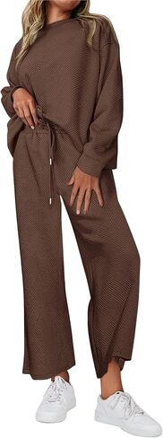 Women's 2 Piece Outfits Casual Long Sleeve Pullover Top and Wide Leg Pants Lounge Sets in Kuwait