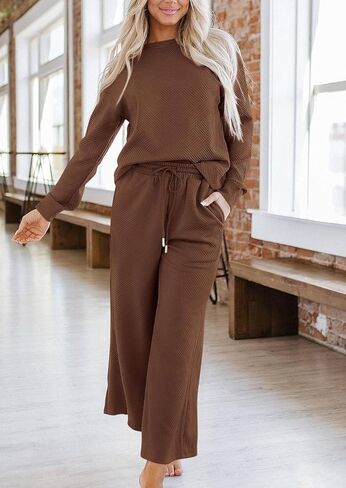Women's 2 Piece Outfits Casual Long Sleeve Pullover Top and Wide Leg Pants Lounge Sets in Kuwait