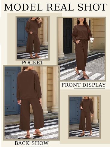 Women's 2 Piece Outfits Casual Long Sleeve Pullover Top and Wide Leg Pants Lounge Sets in Kuwait