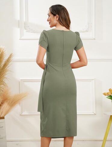 ODIZLI Women's Casual Semi Formal Summer Petal Sleeve V Neck Ruched Bodycon Midi Dress Party Dress in Kuwait