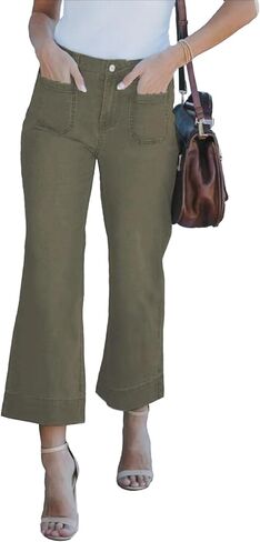 بنطال جينز واسع الساق للنساء، بنطال جينز عصري بخصر عالٍ وواسع وقابل للتمدد in Kuwait