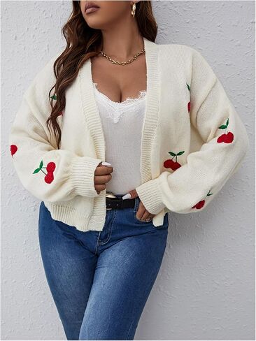 سترة نسائية مطرزة بمقاس كبير من MakeMeChic سترة صوفية مفتوحة من الأمام وأكمام واسعة وكتف منسدل ملابس خارجية لطيفة in Saudi Arabia