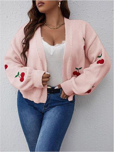 سترة نسائية مطرزة بمقاس كبير من MakeMeChic سترة صوفية مفتوحة من الأمام وأكمام واسعة وكتف منسدل ملابس خارجية لطيفة in Saudi Arabia