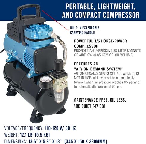 Master Airbrush Model TC-848, High-Performance Four Cylinder Piston Air Compressor with Tank and Free 6 Inch Airbrush Hose in Saudi Arabia