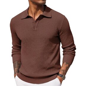 COOFANDY Mens Knit Polo Shirts Long Sleeve Casual Polo Sweaters Shirt Waffle Textured Collared Sweater