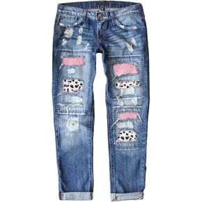Astylish Womens Plaid Patch Ripped Boyfriend Distressed Stretch Skinny Denim Jeans with Hole