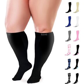 جوارب ضغط BAMS كبيرة الحجم واسعة الساق XL XXL XXXL - دعم متدرج للركبة، فسكوز من الخيزران، سهل الارتداء والخلع