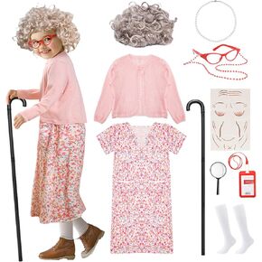 Old Lady Costume for Kids, 100 Days of School Granny Outfit Kit with Wig, Cane and Other Dress Up Accessories for Girls