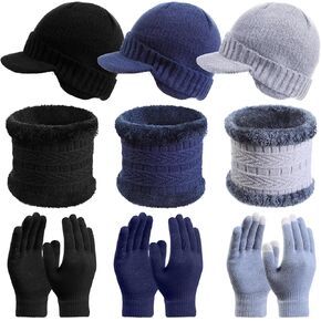 9 Pcs Winter Hat Scarf Gloves Set with Knit Fleece Lined, Including 3 Pcs Winter Ear Flap Hats, 3 Pairs Touch Screen Mittens, 3 Pcs Neck Circle Scarves for Men,christmas Birthday Gift, homeless