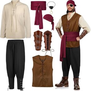 SOMSOC 8 Pieces Men's Christmas Halloween Renaissance Medieval Costume Set Pirate Shirt Viking Vest Pants Headscarf Belt