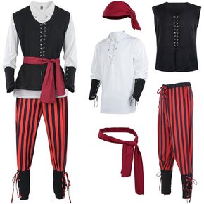 5 Pcs Men's Pirate Costume Set Renaissance Medieval Shirt Vest Banded Pants Viking Belt Headscarf Accessories