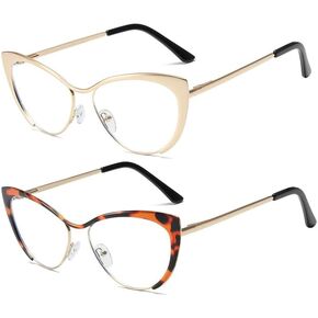 bullabulling 2Pack Cat Eye Reading Glasses For Women Metal Frame Blue Light Blocking Computer Readers