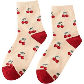 SHENHE Women's Cute Cherry Socks Kawaii Coloblock Knitted Crew Socks Breathable Above Ankle Socks