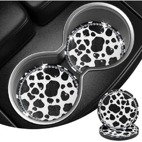 SuperKaKa 2PCS Bling Cow Print Car Cup Coasters, Rhinestone Cow Pattern Universal Vehicle Cute Silicone Auto Cups Holder Insert Coaster Cars Interior Accessories Gift for Women(Black)