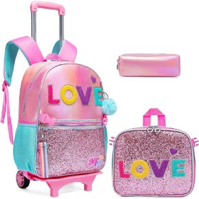 Backpack for Girls with Wheels,3 In 1 Rolling School Backpack for Girls with Lunch Box and Pencil Bag Kid Wheeled Backpack