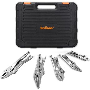 5-Piece Locking Pliers Tool Set with Case, 5", 7" & 10" Curved Jaw Vise Grip Pliers and 7" & 9" Long Nose Locking Clamp Pliers for Welding,Mechanic,Woodworking