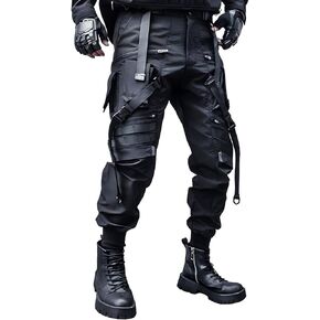 Multiple Pockets Punk Jogger Pants Men Streetwear Cargo Pants Black Tactical Techwear Male Hip Hop Trousers Ribbon