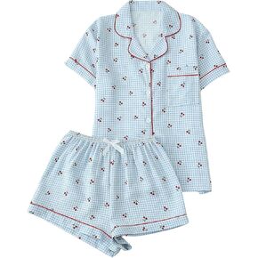 Women's 2 Piece Cherry Pajama Set Plaid Short Sleeve Shirt and Short Button Down PJ Set Gingham Lounge Set Sleepwear