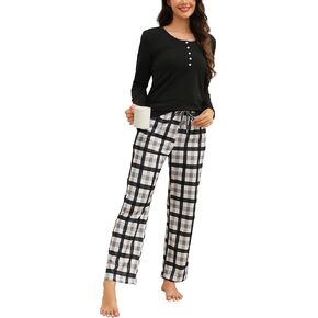 Cotton Pajamas for Women Set Long Sleeve Pajamas Plaid Pants Lounge Sets Button Front Pajamas Pjs with Pockets