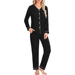 SWOMOG Womens Pajamas Sets Long Sleeve Modal Loungewear Set V-Neck Button Down Sleepwear Bridesmaid Pajamas S-XXL