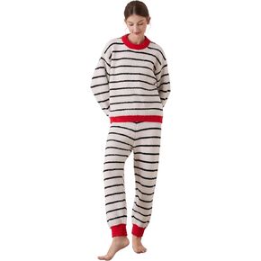 Women's Fleece Lounge Pajama Set - Includes Pants and Top, Elastic Fabric, Warm, Cloudlike Softness, Skin-Friendly Comfort, White and Black