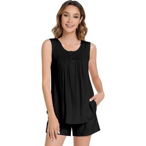 NACHILA Women's Pajamas-Viscose Made from Bamboo, Pleated Tank Top with Shorts Pjs Summer Pajama Set Henley Neck Sleepwear