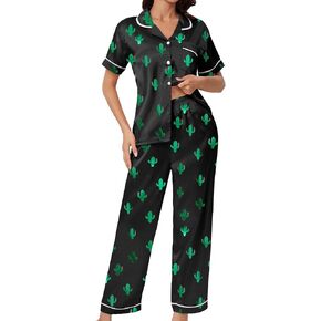 Remidoo Women's Cactus Satin Pajamas Set Short Sleeve Button Down Nightwear with Long Pants