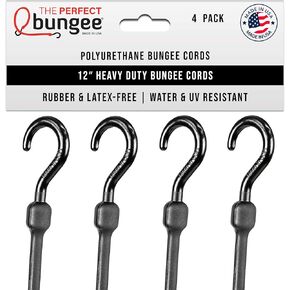 The Perfect Bungee 12 Inch Heavy Duty Bungee Cords, All Weather, All Temp, All Season - 4 Pack, Black - Made in The USA - Stretches Two Times Original Length