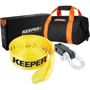 مجموعة أدوات Keeper Recovery Combo للقطر واستعادة المركبات على الطرق الوعرة - تتضمن حزام استرداد 3 × 20 بوصة (قوة كسر 30000 رطل)، وحامل وصلة استقبال 2 بوصة وقيد مقوس 3/4 بوصة (9500 رطل WLL) + حقيبة تخزين
