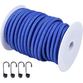 CARTMAN 1/4“ Marine Grade Elastic Cord Crafting Stretch String, 40kg x 50ft, with 4 More Hooks, for Camping, Kayak Deck, Crafting Blue Color